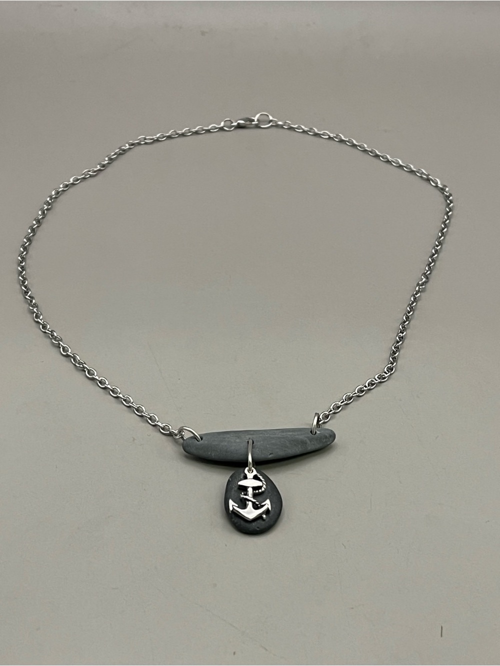 Handmade Sterling Silver Anchor Maine Beach Rock Necklace Natural Stones - Picture 3 of 4